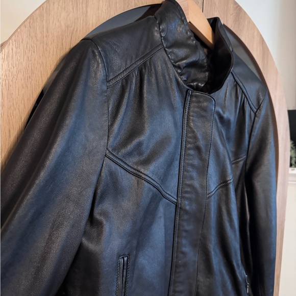 Express Black Genuine Leather Moto Jacket Women Large Leopard Lining Biker - Picture 3 of 8